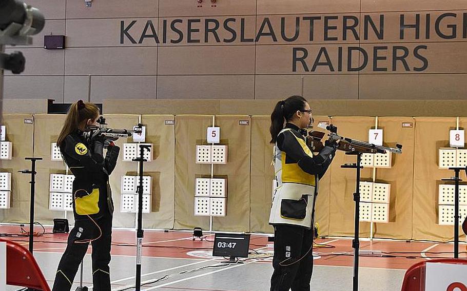 Stuttgart shooters line up shots from standing position in the 2019-20 DODEA-Europe marksmanship championship meet Saturday at Kaiserslautern High School.  The Stuttgart Panthers beat out the host Raiders for their seventh straight title. 