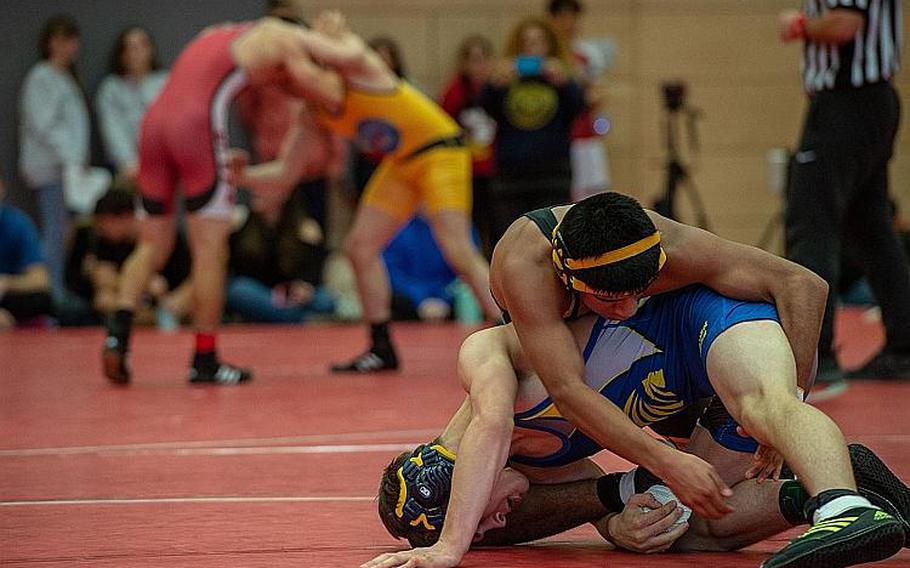 High school wrestlers from across Europe participate in a tournament at Kaiserslautern High School, Germany, Saturday, Jan. 18, 2020.