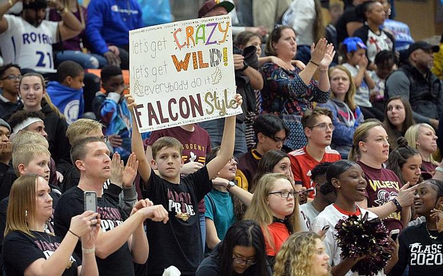 A Vilseck fan shows how it is done, as the Falcons defeated the Ramstein Royals 56-42 in the Division I final at the DODEA-Europe basketball championships in Wiesbaden, Germany, Saturday, Feb. 22, 2020.