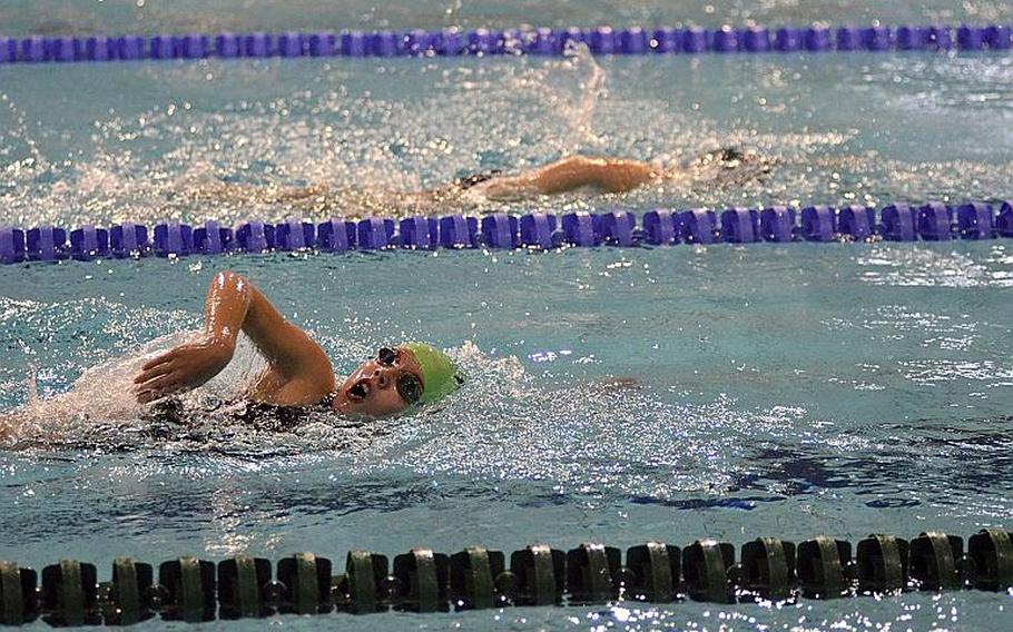 Naples swimmer Alex Markvart takes a breath during the girls 200 meter individual freestyle at the European Forces Swim League championships in Eindhoven, Netherlands, Saturday, Feb. 25, 2017.