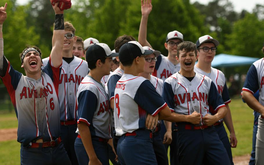 Aviano celebrates its first boys Division II/III DODEA-Europe baseball championship last May. The spring sports season has been canceled so far because of the coronavirus outbreak, but for now, the possibility of a DODEA-Europe spring sports season in some form remains in play.
