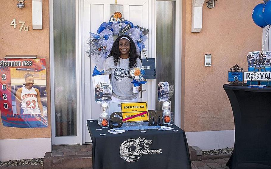 Ramstein High School senior Shannon McCray is pictured at a signing ceremony in May 2020. McCray has signed to play collegiate basketball at Southern Maine College.