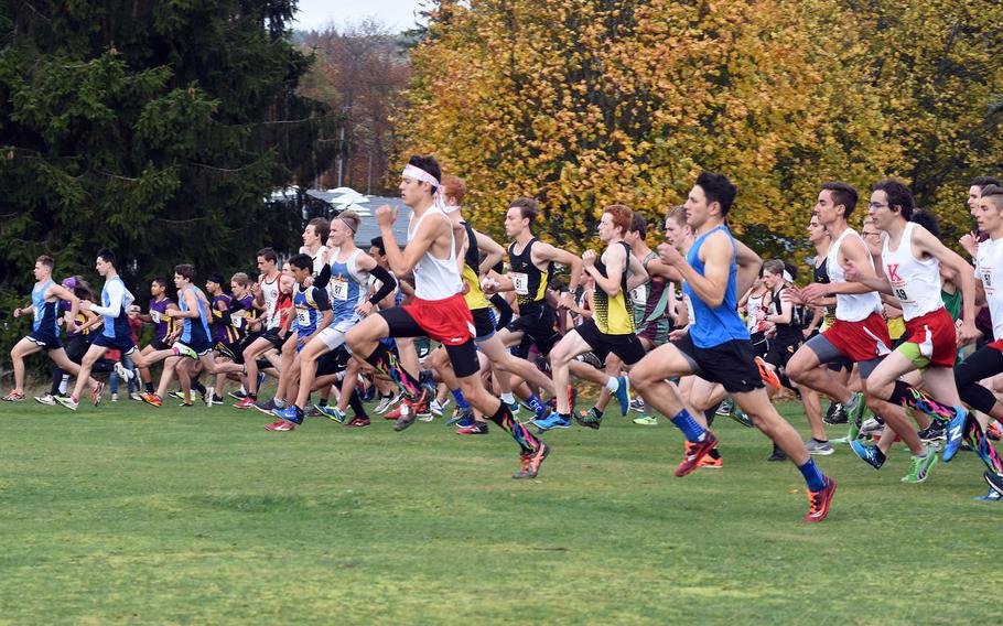 Runners sprint for position at the start of the boys race at the 2019 DODEA-Europe cross country championships last October, in Baumholder, Germany. This year's season gets underway this weekend.