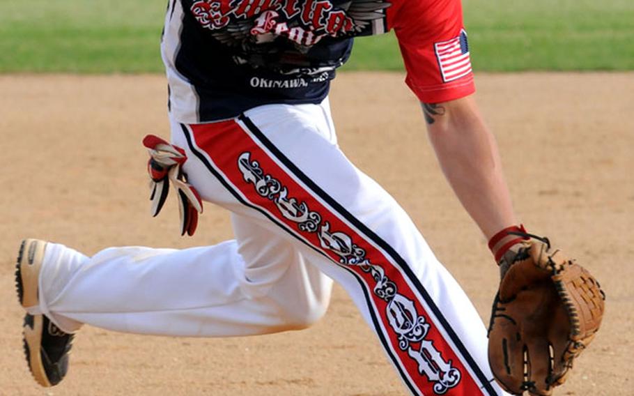 Pitcher Antonio Rivera of American Legion chases down a ground ball against the 3rd Maintenance Battalion Bombers of Camp Kinser, Okinawa, during the opening game in the 2011 Firecracker Shootout Pacificwide interservice softball tournament at Field 1, Gunners Fitness & Sports Complex, Camp Foster, Okinawa, June 30. Legion won 20-0.