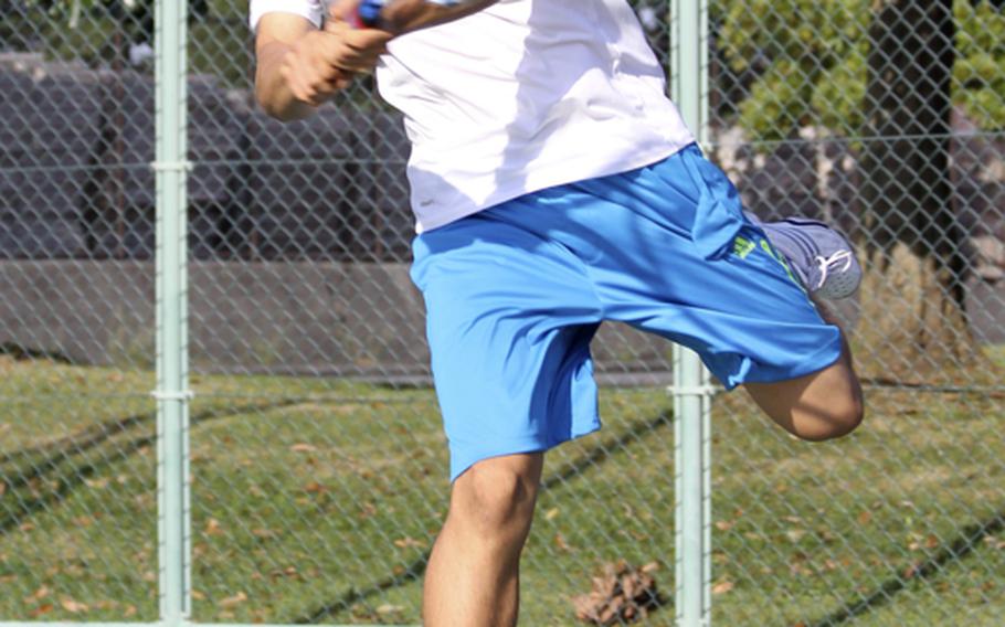 Yokota Panthers senior tennis singles player Arlo Taylor played and lost a rematch on Saturday of last year's Far East high school tennis tournament boys singles championship match with Kent Shikama of St. Mary's International. Taylor won the first set of Saturday's match 6-3 before falling in the next two 6-3, 6-4.