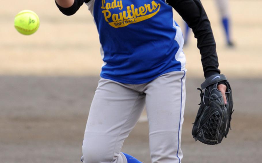 Yokota junior right-hander Cora Argallon lets fly against Robert D. Edgren during Thursday's DODDS Japan girls softball tournament at Yokota Air Base, Japan. Argallon got both wins as the Panthers routed the Eagles 17-2 in four innings and Zama American 23-4 in three.