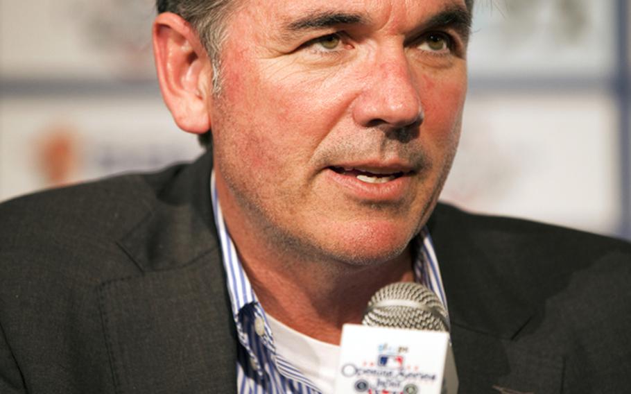 Oakland Athletics general manager Billy Beane answers a question during a press conference Saturday at the Tokyo Dome Hotel in Tokyo.