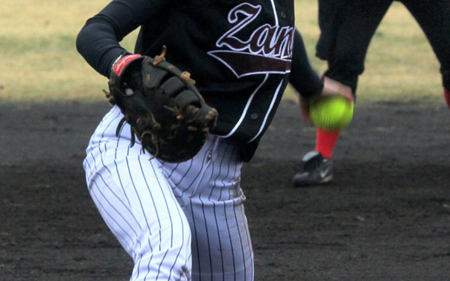Zama American left-hander Silvia Dykstra delivers against E.J. King during Saturday's DODDS Japan softball tournament at Yokota Air Base, Japan. Zama, the reigning Far East Division II Tournament champion, won 17-6 in two innings.