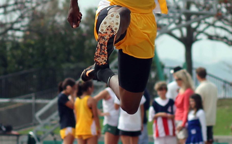 Kadena freshman Boysie Gordon negotiates the long jump during Saturday's Okinawa Activities Council weekly quadrangular at Chatan, Okinawa. Gordon finished second behind Okinawa Christian International's Keishi Nambara, 5.82 to 5.59 meters.