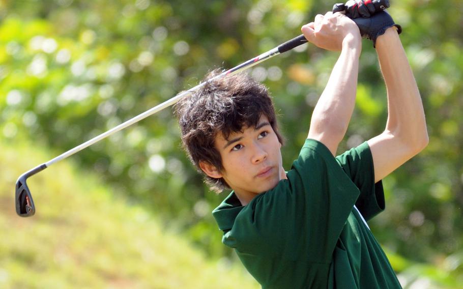 Kubasaki Dragons' junior Matthew Duffy hits an approach shot during Day 2 of the Okinawa Activities Council island championship tournament April 22, 2013, at Taiyo Golf Course on Okinawa. Duffy won the event for the second straight year.