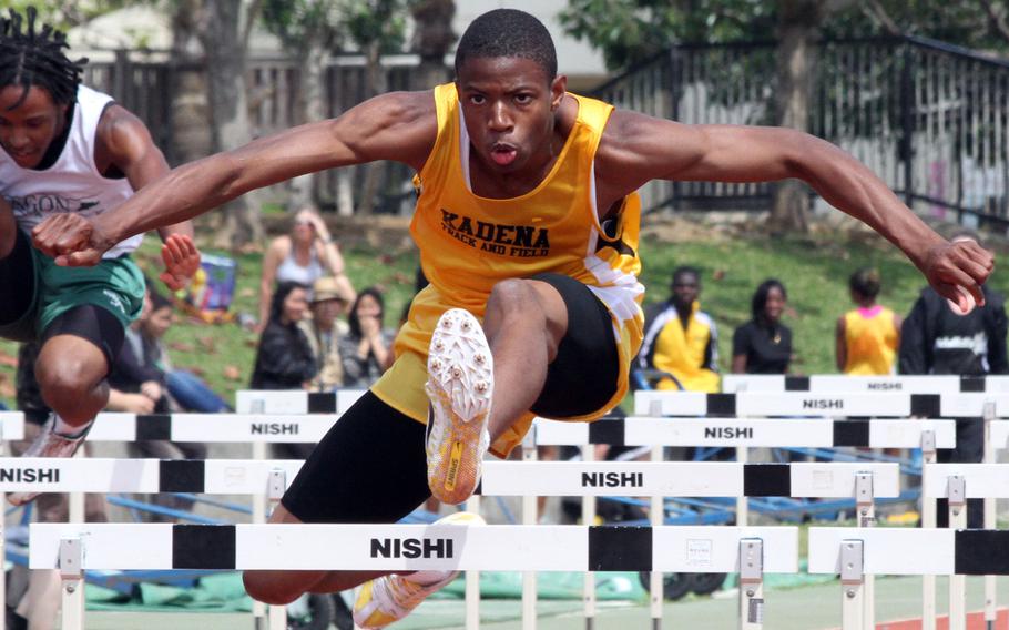 Kadena senior Derrick Taylor, shown winning the 110-meter hurdles in a meet in March, ran the event in 14.74 seconds on Friday, beating his personal best by nearly a second and coming within .64 seconds of the Pacific record of 14.1 set in 2006 by Kadena's Eric Robinson. His 39.94 later in the 300 was within .94 of the Pacific mark of 39.0 set in 2008 by Kubasaki's Randall O'Bannon.