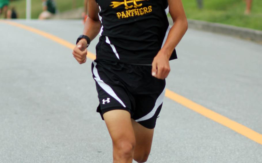 Kadena senior Andrew Kilkenny, the reigning Far East champion, heads for the finish of Wednesday's Okinawa Activities Council cross-country meet at Camp Foster, Okinawa. Kilkenny won in 16 minutes, 8 seconds, best time for a DODDS Pacific runner this season and also a school and district record. 