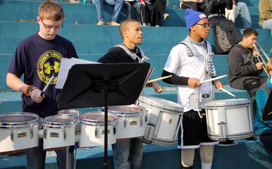 Members of Seoul American High School's band play for the crowd during Saturday's Korea Army-Navy flag football rivalry game at Yongsan Garrison, South Korea. The soldiers routed the sailors 62-0, improving to 14-3 in the Peninsula Trophy series.
