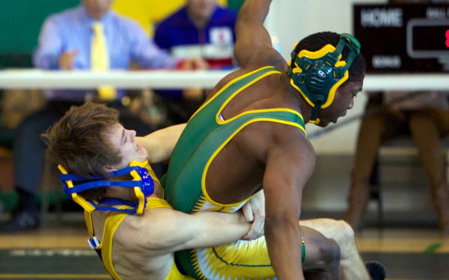 Yokota 148-pounder Nick Pedersen uses a gut wrench to score points on Robert D. Edgren's Jackson Edmonds during Saturday's DODDS Japan dual-meet tournament at Misawa Air Base, Japan. Yokota won three of its five duals to finish third in the tournament, while the Eagles won four and finished second.