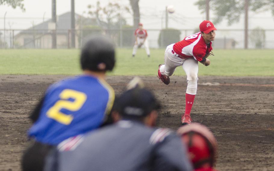 Nile C. Kinnick ace Daniel Ross fires a fastball at Yokota leadoff hitter Clay Brownell during the DODDS Japan Tournament at Camp Zama, Japan on Friday. Ross would strike out 10 Panthers in a complete game that ended in a 2-2 tie.