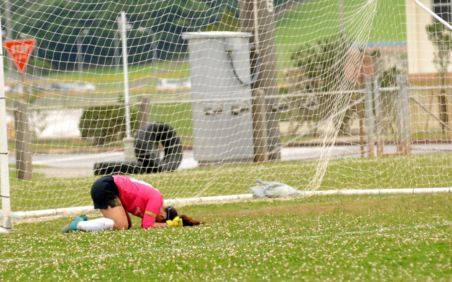 Yokota's Sarah Cronin vents her frustration after a goal got by her at the Far East Division I girls soccer tournament at Camp Foster, Okinawa, May 19, 2014. The tournament is four days long and features soccer teams from across the Pacific.