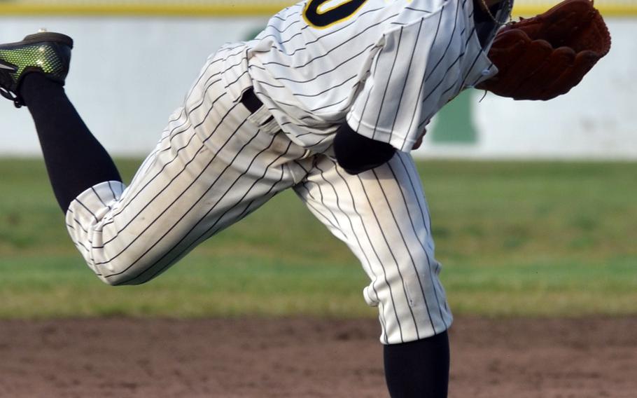 American School In Japan's Justin Novak delivers against Kadena in Saturday's Far East Division I baseball tournament final, won by ASIJ 3-0. Novak gave up four hits and struck out 10.