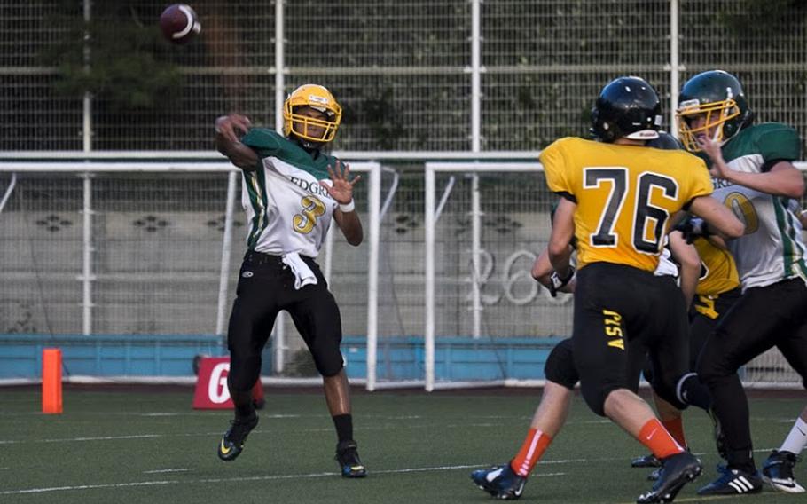 Robert D. Edgren quarterback Shawn Robinson was able to pick apart the ASIJ secondary for much of the 2014 DODDS Pacific season opener Friday, Sept. 5 in Chofu, Japan, but was unable to lead his team to a score. ASIJ shut out Edgren 39-0.