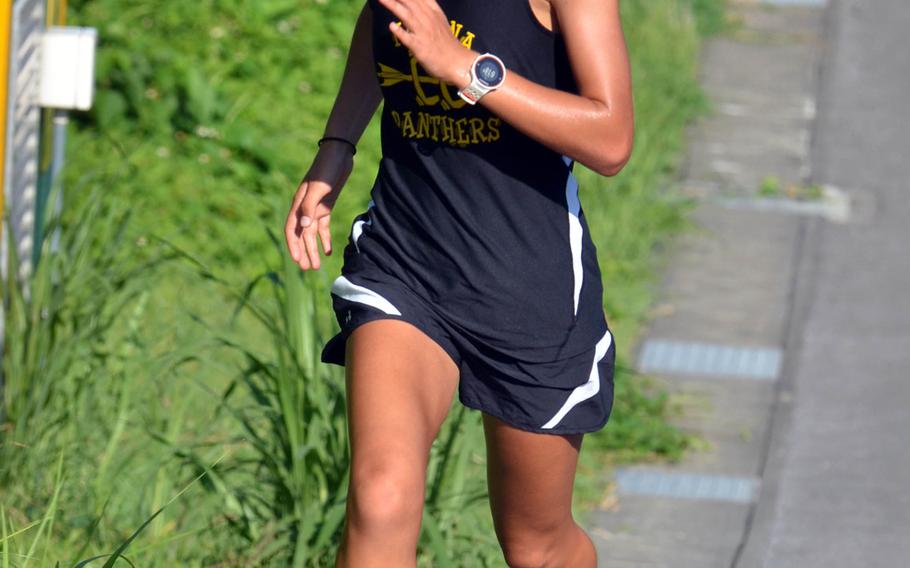 Kadena's Wren Renquist crosses the finish line in Wednesday's Okinawa cross-country race in first place with a time of 20 minutes, 25 seconds.