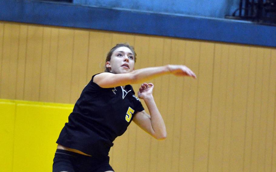 American School In Japan outside hitter Jenna Doyno rockets a jump serve against Christian Academy Japan during Thursday's "friendly" match at Mustang Valley. The three-time defending Far East Division I Tournament champion Mustangs swept the Knights 25-15, 25-7, 25-11.