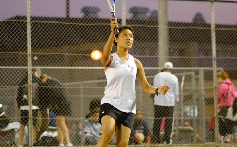 Matthew C. Perry's Monica Grant watches her return volley during her first match in the consolation bracket of the DODDS Japan Tennis Tournamentl in Zama, Japan Oct. 24. Grant would lose to Nile C. Kinnick's Monica Burford 8-4.