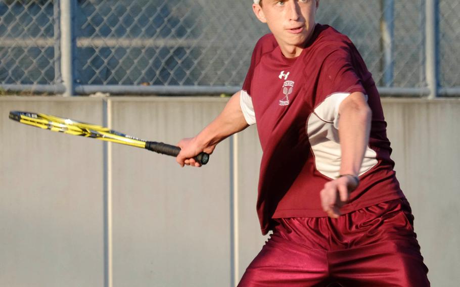 Matthew C. Perry's Aiden Lewis waits for the ball to return a volley during his consolation bracket match against Yokota's Connor Standbridge at the DODDS Japan Tennis Tournament in Zama, Japan on Friday. Lewis would win 8-6 and moves on to the bracket's semifinal. 