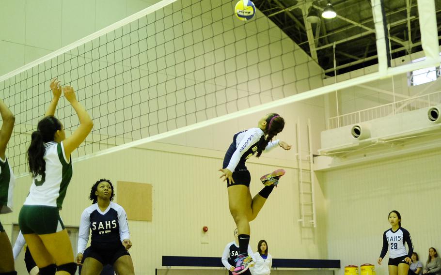Seoul American's Trisha Mae Jose goes for a kill during round robin play of the Far East Tournament at Yokota Air Base, Japan Nov. 3. Seoul looks to improve on their 1-3 record Tuesday.