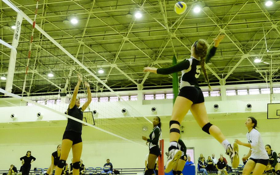 Kubasaki's Kelsey Rogers goes on the attack during the Far East Tournament championship game Nov. 6, 2014 at Yokota Air Base, Japan. Rogers led her team to the upset victory and was named tournament MVP.
