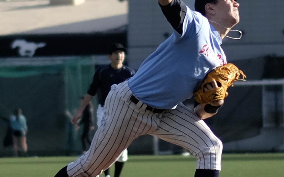 American School In Japan pitcher Tyler Shapsford throws during a team scrimmage Wednesday in Chofu, Japan. ASIJ is the returning Far East Division I champion.