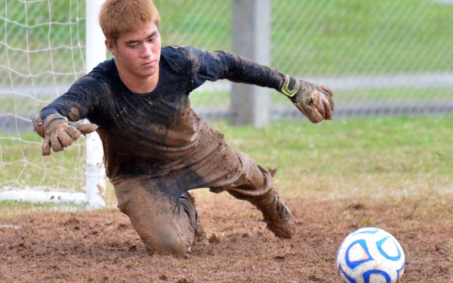 Kubasaki backup goalkeeper Jonathan Orr goes through his practice paces. Some observers are saying this year's Dragons team could be the strongest since they last won the Far East Division I Tournament title in 2008.