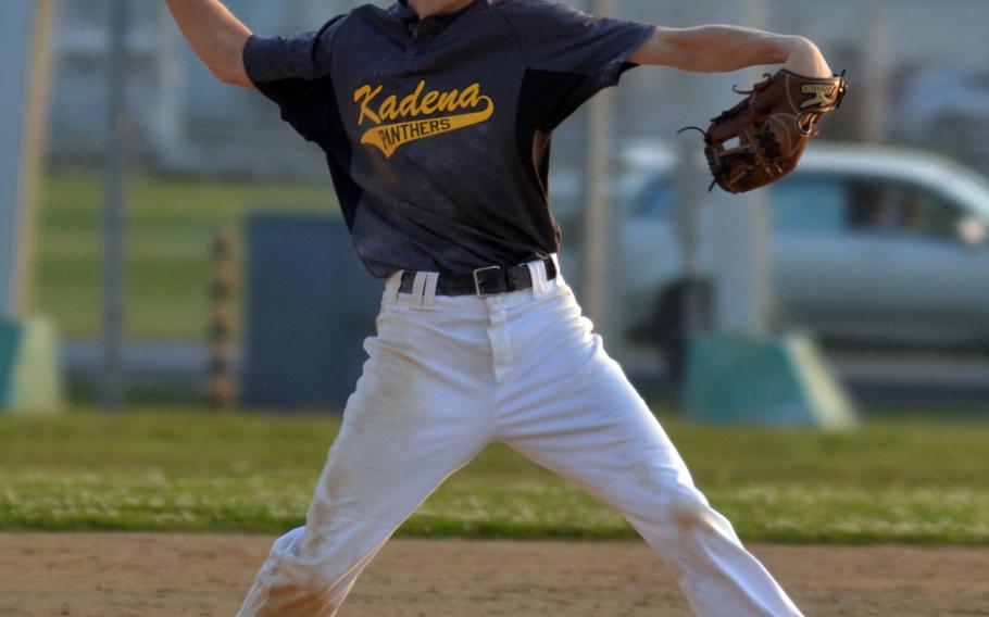 Kadena third baseman Cody Sego throws across the diamond to nail a Kubasaki baserunner during Wednesday's Okinawa baseball season opener. Sego also batted 3-3 and the Panthers won 13-0.