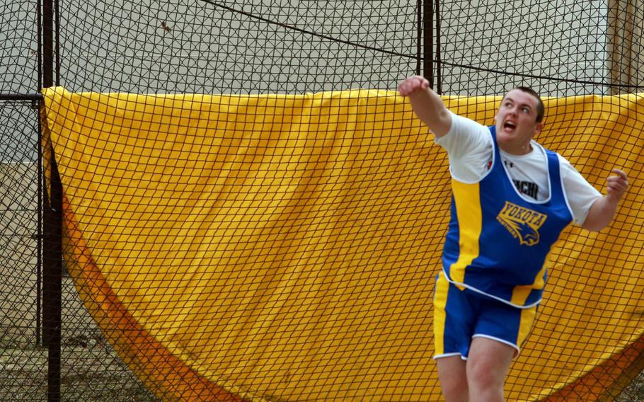 Yokota Panthers sophomore Christian Sonnenberg tossed the disc 48.77 meters in Saturday's season-opening track meet at Yokota. That put him less than 2 meters behind the Pacific record of 50.65 set by Yokota's Stephe DeSantis, a record that has stood for 27 seasons; observers say he's been throwing as far as 54 meters in practice.