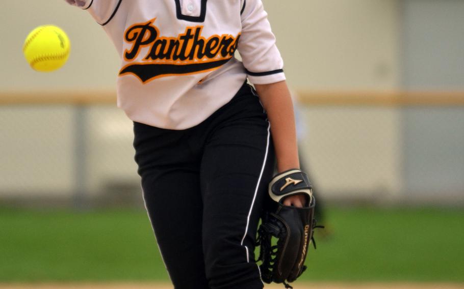 Kadena sophomore right-hander Macalah Danielsen delivers against Kubasaki during Thursday's Okinawa season-opening softball game. Danielsen went the distance, scattered six hits, walked four and struck out eight and helped herself with two hits and two RBIs as the Panthers rallied from a 3-2 deficit to top the Dragons 7-3.
