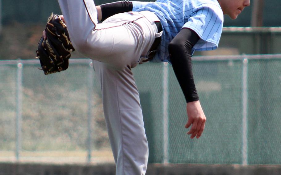 Osan freshman right-hander Wes Hardin delivers against Humphreys during Saturday's DODDS Korea season-opening baseball game at Camp Carroll, South Korea. The Cougars won 15-6 en route to sweeping two games, including a come-from-behind 10-8 win over host Daegu.