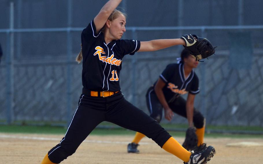 Kadena sophomore right-hander Macalah Danielsen delivers against Kubasaki during Thursday's Okinawa softball game. Danielsen gave up one hit, one earned run, one walk, hit two batters and struck out seven in relief, but the Panthers lost to the Dragons 5-4.