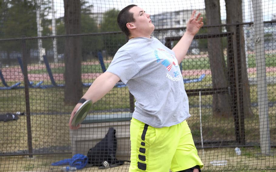 Yokota's Chris Sonnenberg works on his form in the discus during the World Records Camp at Yokota Air Base, Japan.