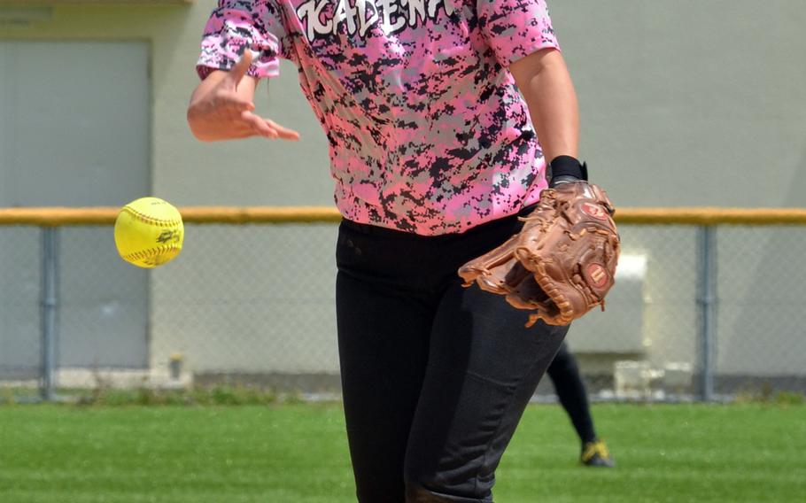 Kadena senior right-hander Alicia Vaughan delivers against American School In Japan in the second game of Saturday's doubleheader. Vaughan got the win and hit a triple, a homer and drove in three runs as the Panthers won 16-1.