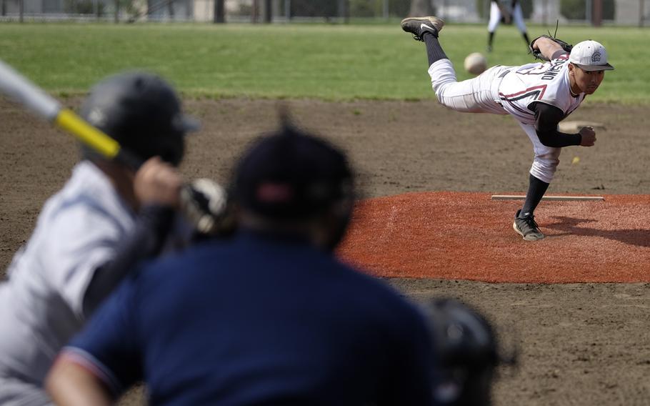 Zama pitcher Keiyl Sasano came on in relief to hold Matthew C. Perry to zero runs during the DODDS Japan Tournament at Camp Zama, Japan on April 18, 2015. Zama and Perry tied 5-5 due to time constraints.