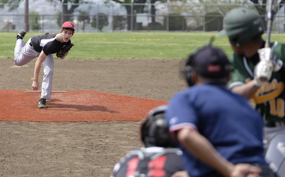 E.J. King pitcher Bryce Szerlag started the Cobras opening game against Robert D. Edgren during the DODDS Japan Tournament at Camp Zama, Japan on April 18, 2015. King would lose 15-8.