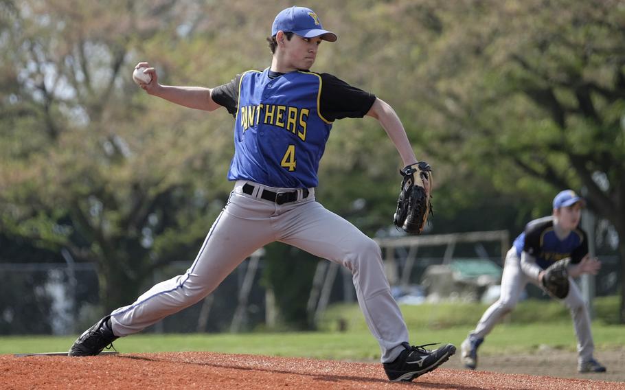 Yokota pitcher Sean Caffrey gave up two earned runs to E.J. King during the DODDS Japan Tournament at Camp Zama, Japan on April 18, 2015. The Panthers won 15-2.