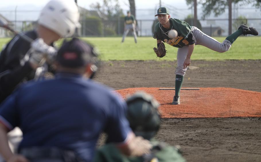 Robert D. Edgren southpaw Issac Victorino started for the Eagles against Matthew C. Perry during the DODDS Japan Tournament at Camp Zama, Japan on April 18, 2015. Edgren lost 8-4.