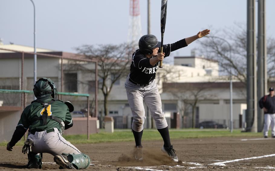 Matthew C. Perry's Peace Gates dodges an errant pitch during the Samurai game against Robert D. Edgren at the DODDS Japan Tournament in Camp Zama, Japan on April 18, 2015. Perry won 8-4.