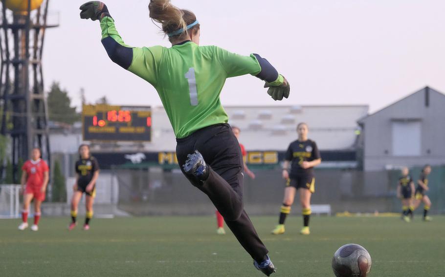 Nile C. Kinnick's Alexia Storey takes a goal kick during a game against the American School in Japan  April 27, 2015, at ASIJ in Chofu, Japan. The match ended in a 1-1 draw.