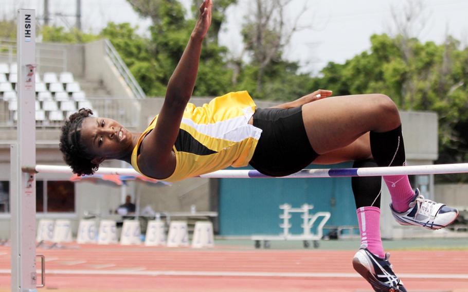 Jasmine Rhodes of Kadena won the high jump  with a leap of 1.57 meters; she also won the 400.