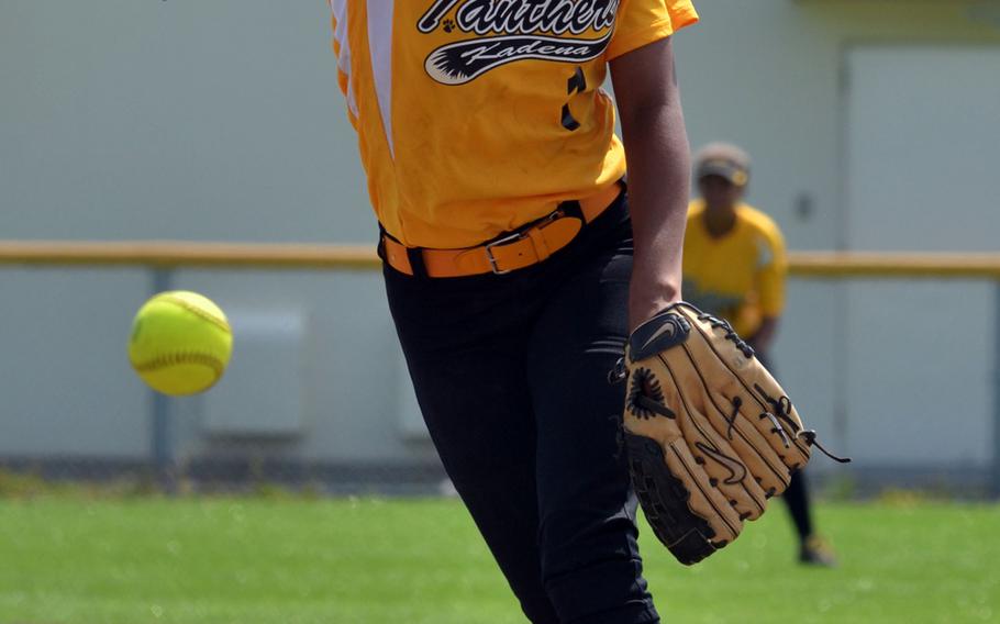 Kadena freshman right-hander Savannah Sparrow delivers against Kubasaki during Saturday's Game 2 of the best-of-three Okinawa district softball finals. The Panthers beat the Dragons 16-6 in five innings to sweep the series 2-0.