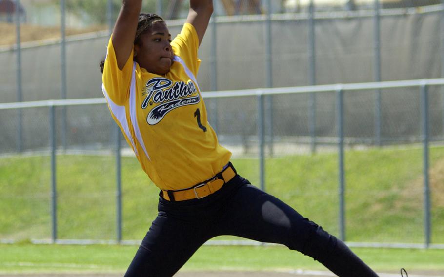 Kadena freshman right-hander Savannah Sparrow delivers against Kubasaki during Saturday's Game 2 of the best-of-three Okinawa district softball finals. The Panthers beat the Dragons 16-6 in five innings to sweep the series 2-0.