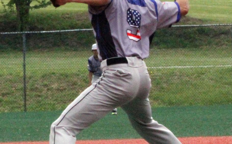 Right-hander Mike Hardin pitches Osan to a 12-2 win over King in the Cougars' opening boys Far East D-II baseball tournament game.