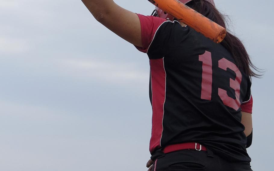 E.J. King's Shiona Lonesky wams up on deck during Pool B play of the Far East Division II Softball Tournament on Monday, May 18, 2015 at Yokota Air Base, Japan's Friendship Field.