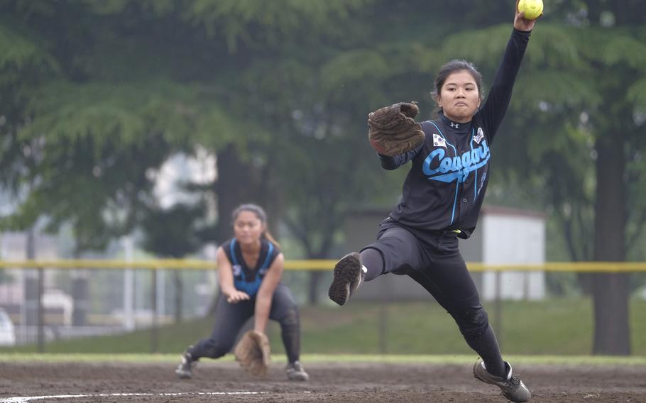 Osan's Andreia Ignacio winds up against Matthew C. Perry in pool play of the Far East Tournament at Yokota Air Base, Japan on May 19, 2015. Osan defeated Perry 18-3 to take the second seed in their bracket.