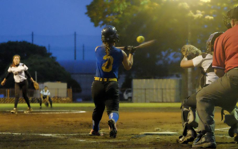 Yokota's Taylor Peche hits a two-run inside the ballpark home run in the bottom of the 5th against Zama during the Far East Division II Softball Tournament championship game May 20, 2015 at Yokota Air Base, Japan. The home run put the Panthers within one run.